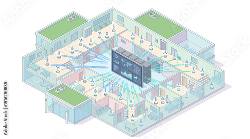 Isometric Cloud Security and Email Automation: Robotic Arms Filtering Data on Conveyor Belt