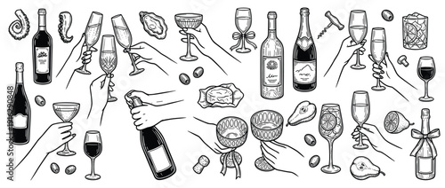 Big Collection of Wine and Champagne Vector Illustration Set with Hands Toasting Bottles and Glasses in Black Line Art Style Isolated on White Background