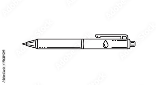 Minimalist Line Art Icon of a Ballpoint Pen with Ink Drop Symbol