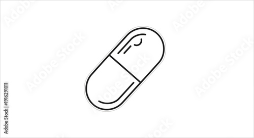 Minimalist line art icon of a capsule pill, representing medicine, health, and pharmaceuticals.