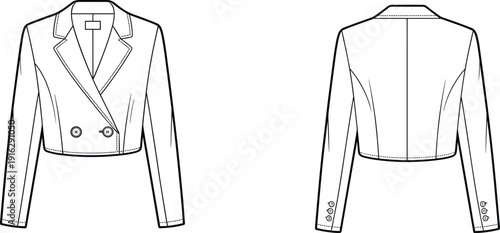 Black and white flat of a double breasted cropped blazer front and back views jacket