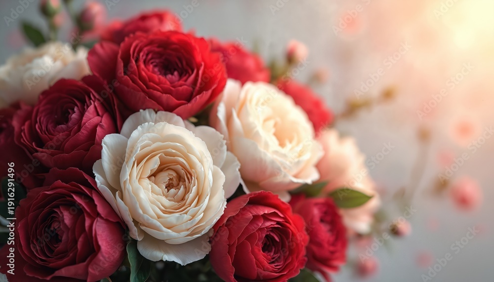Obraz premium Close up of red and white roses in a bouquet. Soft light falls on delicate petals. Beautiful floral arrangement for celebrations or romance.