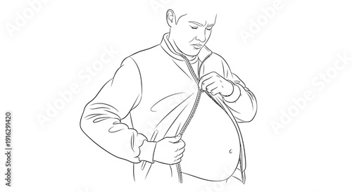 Man struggling with tight clothes, unzipping jacket over large belly, weight gain concept