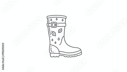 Line art illustration of a single rain boot with autumn leaves and raindrops