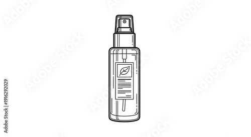 Line art illustration of a spray bottle with a leaf logo and label