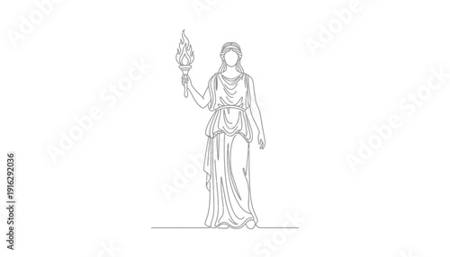 Line Art Illustration of a Woman Holding a Torch, Symbolizing Freedom and Enlightenment