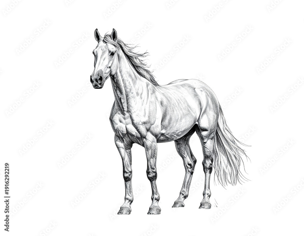 Obraz premium Elegant white horse standing with flowing mane and muscular build in a clean composition