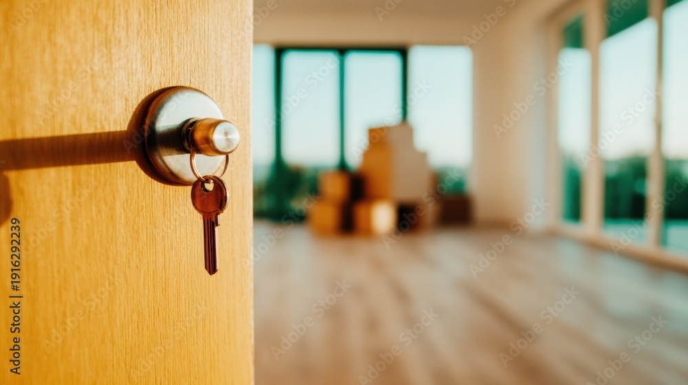 Obraz premium A close-up of a wooden door with a key in the lock, leading to a spacious, light-filled room filled with moving boxes, symbolizing new beginnings and opportunities.