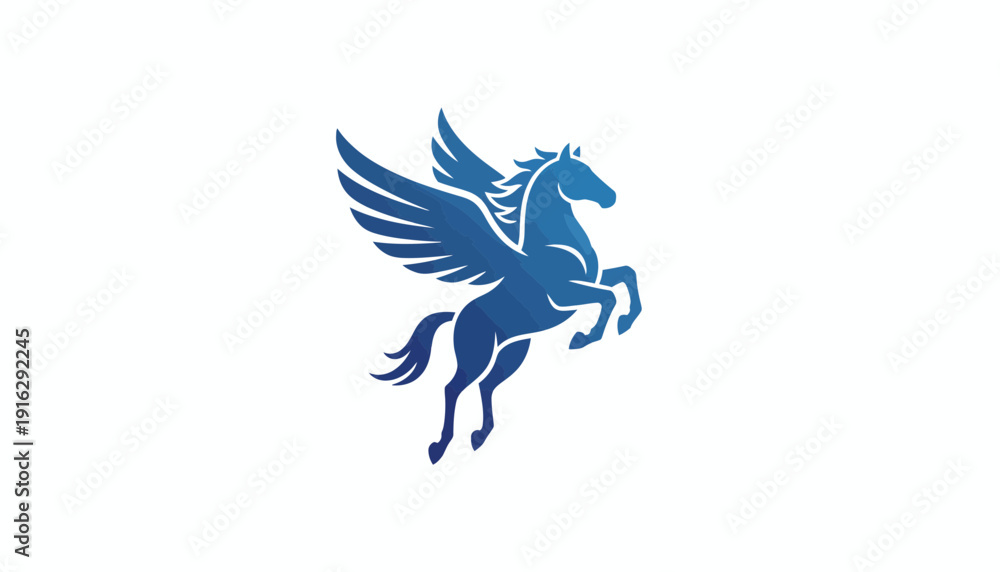 Fototapeta premium Majestic Blue Pegasus Horse Flying with Wings Spread on White Background