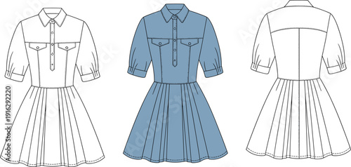 Blue collared button down dress with chest pockets pleated skirt and cuffed short sleeves front back and outline views