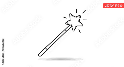 Magic Wand with Star Icon, Outline Drawing, Fantasy and Imagination Symbol