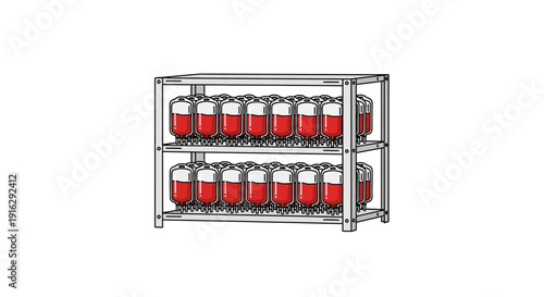 Industrial Rack with Multiple Blood Bags Filled with Red Liquid