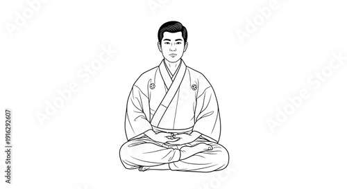 Japanese Man in Traditional Kimono Meditating in Seiza Position, Zen Buddhism