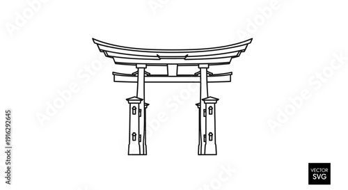 Japanese Torii Gate Outline Vector Illustration - Traditional Shinto Shrine Entrance