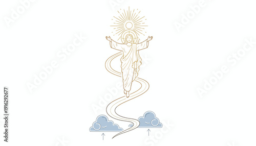 Jesus Ascending to Heaven, Divine Light, Clouds, Religious Symbolism