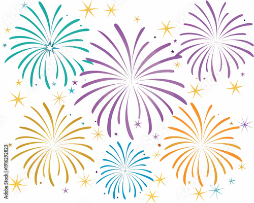 Colorful fireworks exploding against a pristine white background