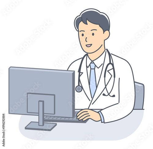 パソコンを操作する上半身の若い男性医師のイラスト