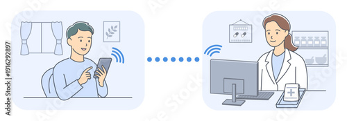 オンライン診療で服薬指導を受ける患者と薬剤師のイラスト
