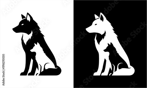 Stylized Black and White Silhouette of a Mother Wolf and Her Pup Sitting Together.