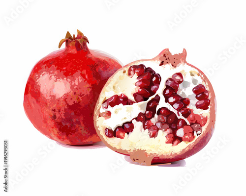 A vibrant illustration of a whole and halved pomegranate fruit