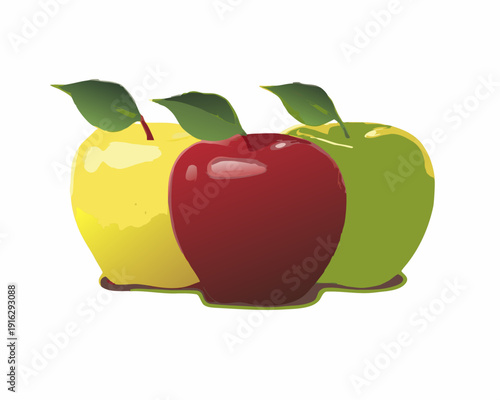 Three colorful apples yellow red and green are closely grouped