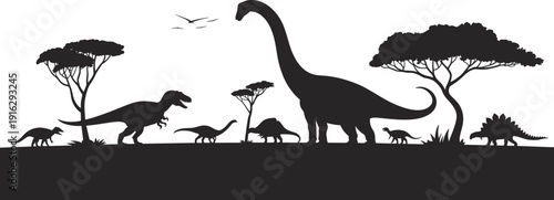Dinosaur silhouettes prehistoric landscape flat vector illustration isolated on white background jurassic wildlife clipart collection bundle design