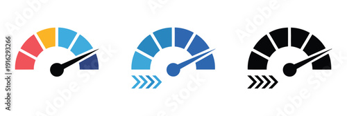 Acceleration icon set, multi style various collection with speedometer symbols, fast motion arrows, performance boost elements, modern vector illustration