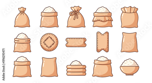 Rice Sacks and Grain Bags Icon Set for Zakat Fitrah, Food Donation and Agriculture Logistics Vector Illustration