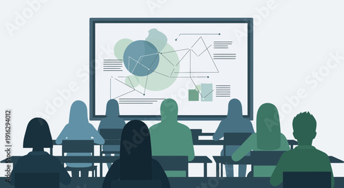 Classroom learning, presentation, education, students watching board