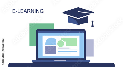 E-learning concept with laptop, graduation cap, and abstract shapes