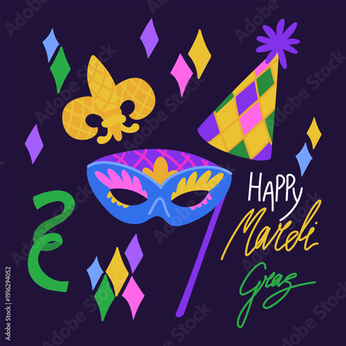 Happy Mardi Gras banner with blue carnival mask, party hat and fleur de lis. Square. Flat illustration for festival posters, celebration greeting cards or masquerade event invitations