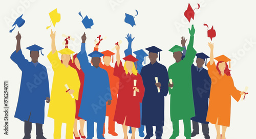 Diverse Graduates Celebrate Graduation, Tossing Caps in the Air