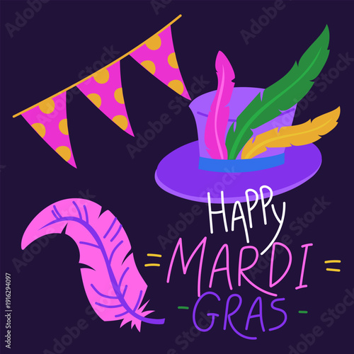 Happy Mardi Gras banner with carnival top hat, feathers and festive bunting. Flat illustration for holiday posters, celebration greeting cards or masquerade event invitations