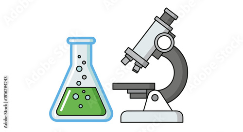 Microscope and Flask with Green Liquid: Science and Research Icon