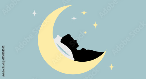 Silhouette of person sleeping on crescent moon with stars