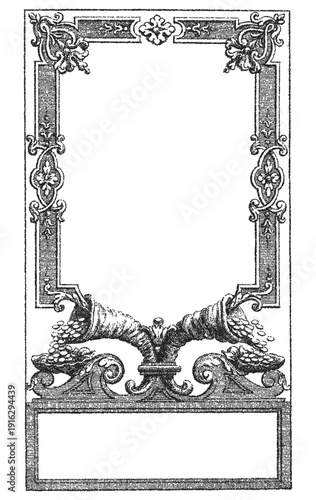 Antique vintage frame vector with double cornucopias overflowing with coins. Engraved decorative title page border symbolizing wealth and abundance for certificate or financial design.