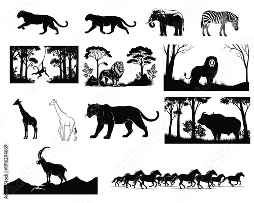 Black silhouettes of various african animals and landscapes
