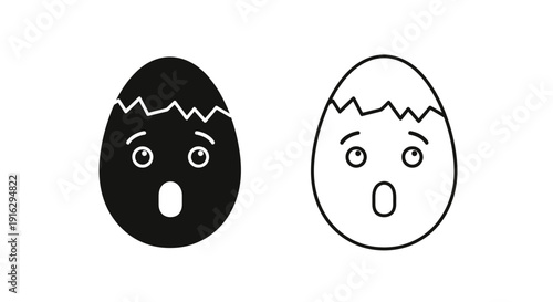 Cracked egg with surprised face black and white vector icon