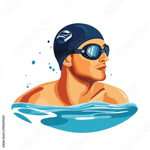  Swimmer with Goggles and Cap in Water