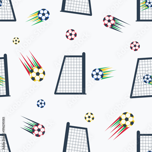Goal post geometry seamless pattern with net grid and ball scoring. Football target background for 2026 sport match. Vector flat design for goalkeeper textile and wallpaper.