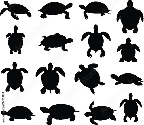 Sea turtle silhouettes set marine reptile flat vector illustration isolated on white background ocean wildlife clipart collection bundle