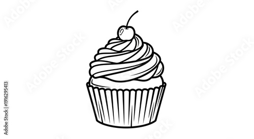 Hand-drawn illustration of a cupcake with cherry on top, black and white line art