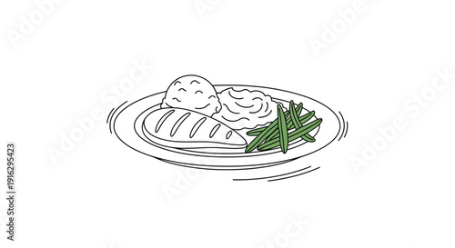 Hand-drawn illustration of a grilled chicken breast with mashed potatoes and green beans on a plate.