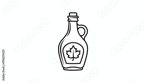 Hand-drawn illustration of a maple syrup bottle with a maple leaf emblem, isolated on white.