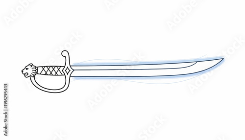 Hand-drawn illustration of a pirate cutlass sword with a lion head hilt and ornate guard