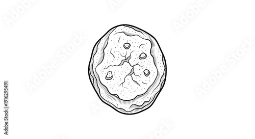 Hand-drawn illustration of a single cookie with chocolate chips, top view, black and white sketch.
