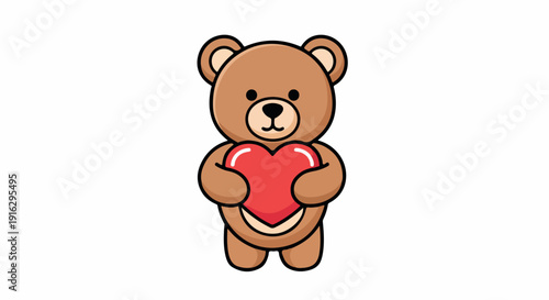 A cute cartoon brown teddy bear holding a red heart on a white background with a sweet expression.