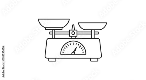 Vintage kitchen scale icon, simple line art illustration of a weighing balance for food and ingredients.