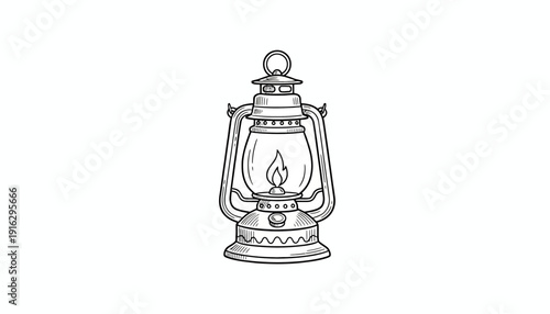 Vintage kerosene lantern with a flame, black and white sketch, antique lighting