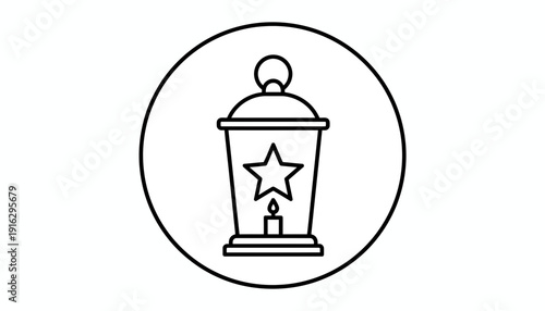 Vintage Lantern Icon with Star and Candle Flame, Ramadan Islamic Symbol, Line Art